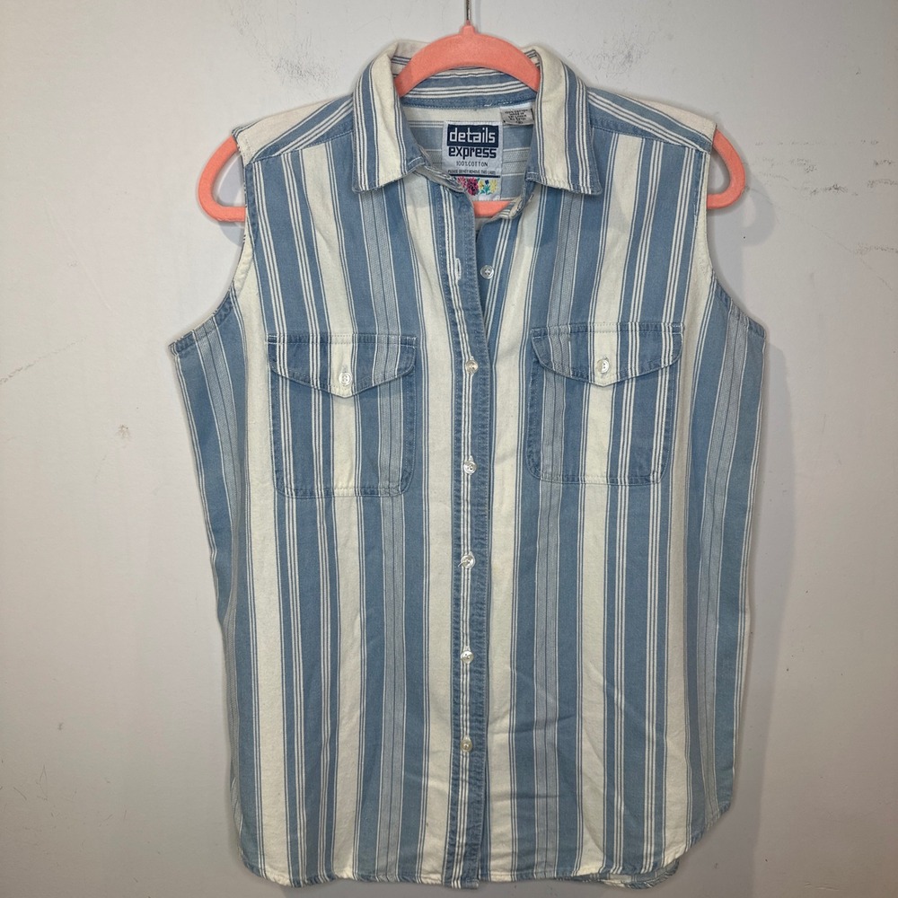 Vintage 90s Nautical Preppy White‎ Striped Sleeveless Button Down Shirt Small